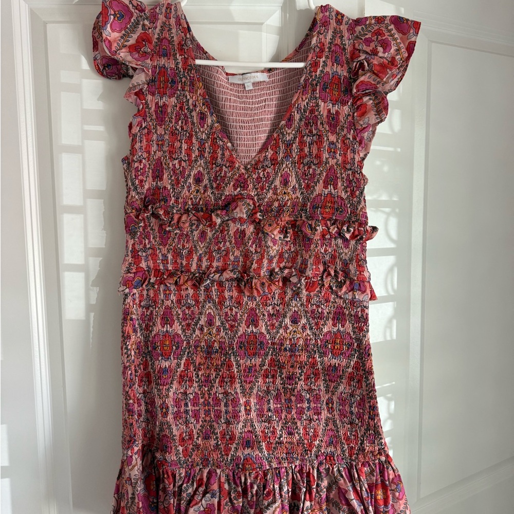 Pink Patterned Ruffle Midi Dress